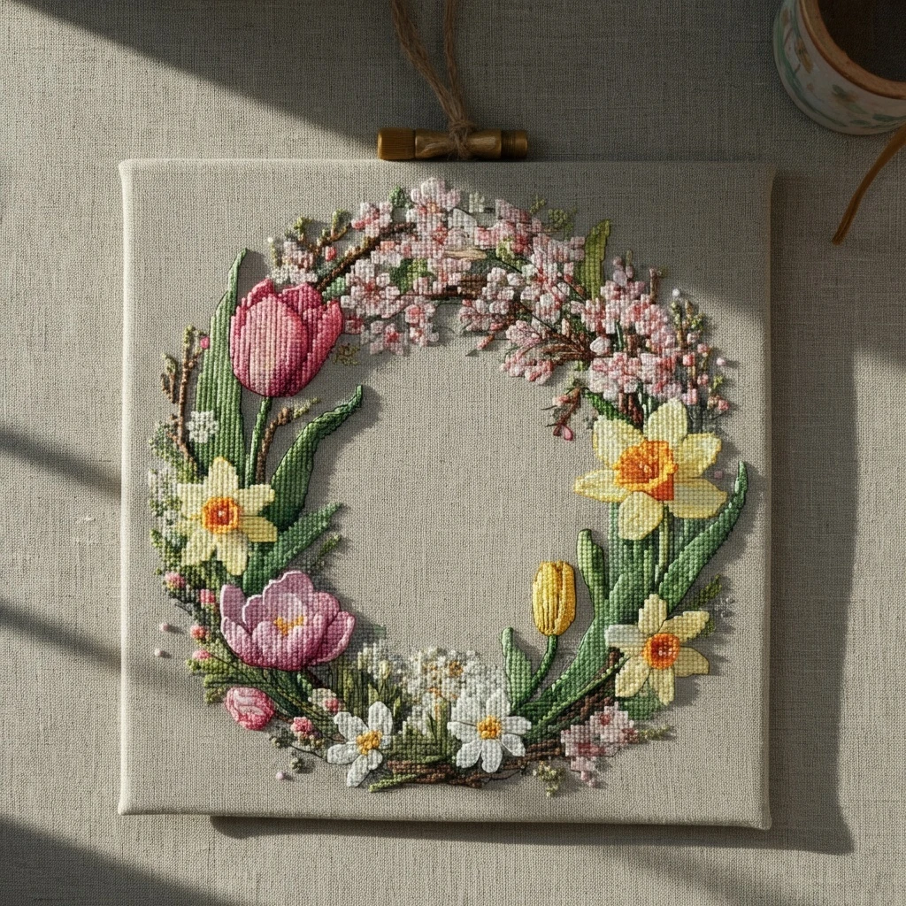 Spring Floral Wreath Cross Stitch Embroidery