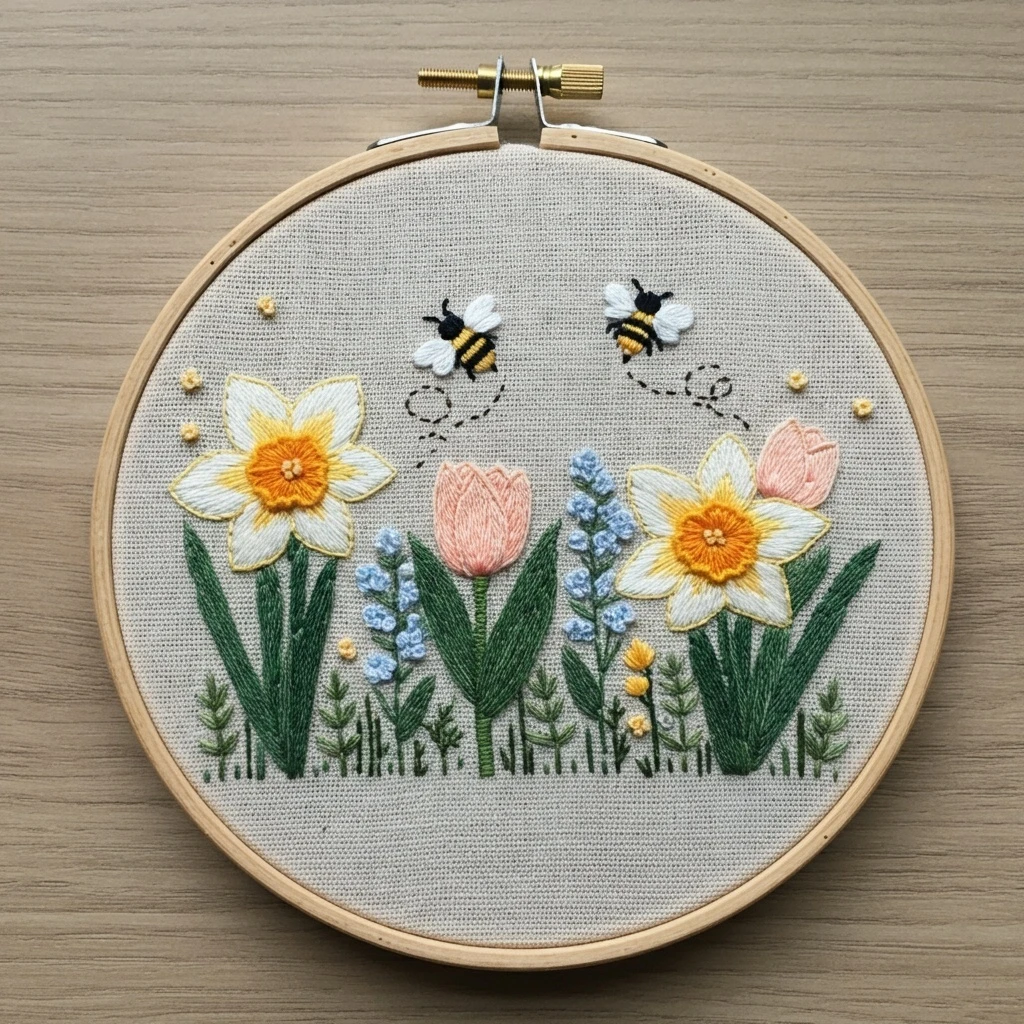 Spring Garden Embroidery with Bees