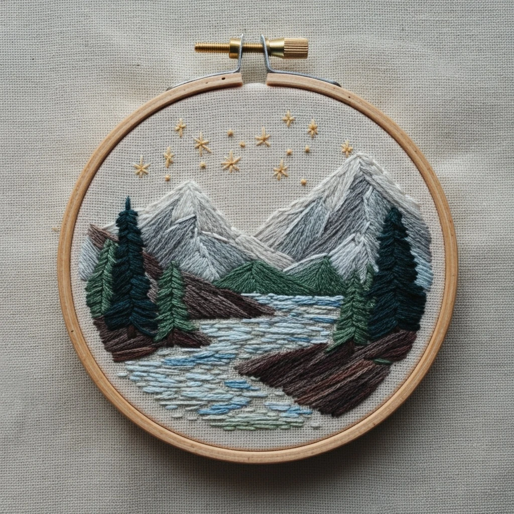 Starlit Mountain and Lake Embroidery
