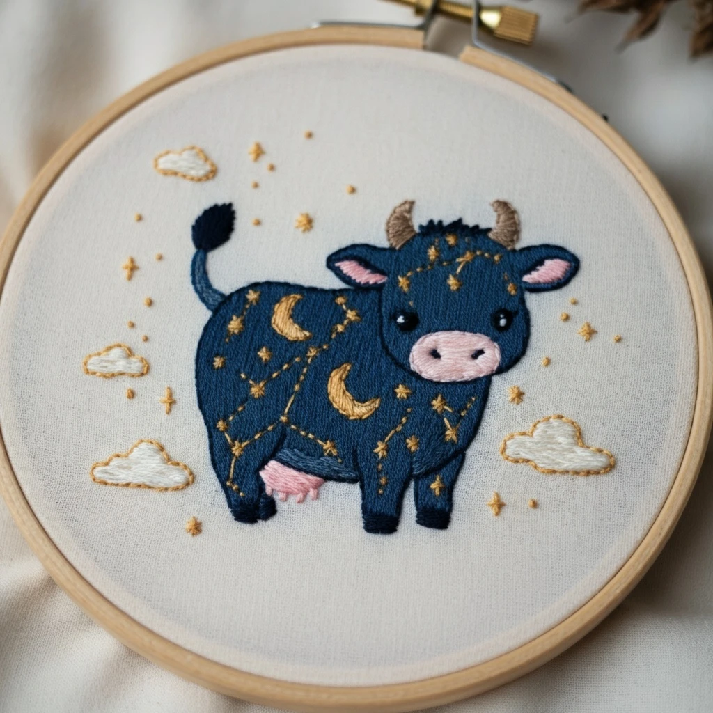 Starry Celestial Cow Embroidery Hoop Art