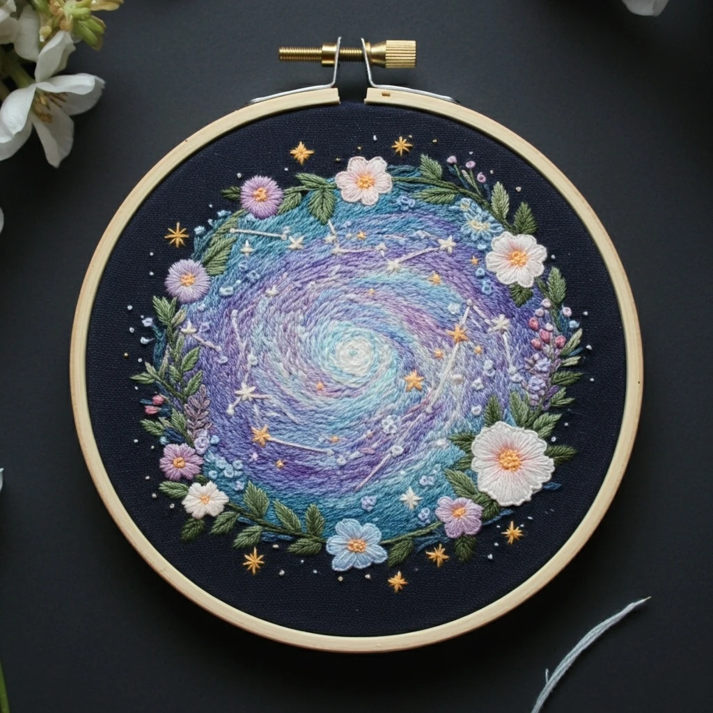 Starry Galaxy Floral Wreath Hand Embroidery