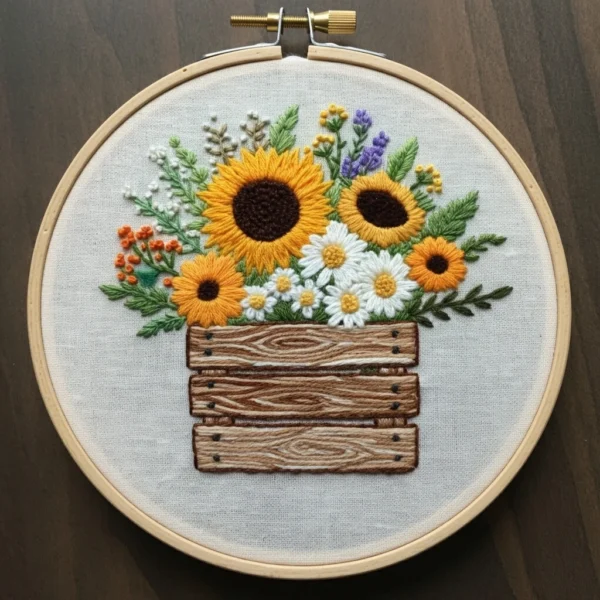 Summer Bouquet in a Wooden Crate | Hand Embroidery Pattern PDF