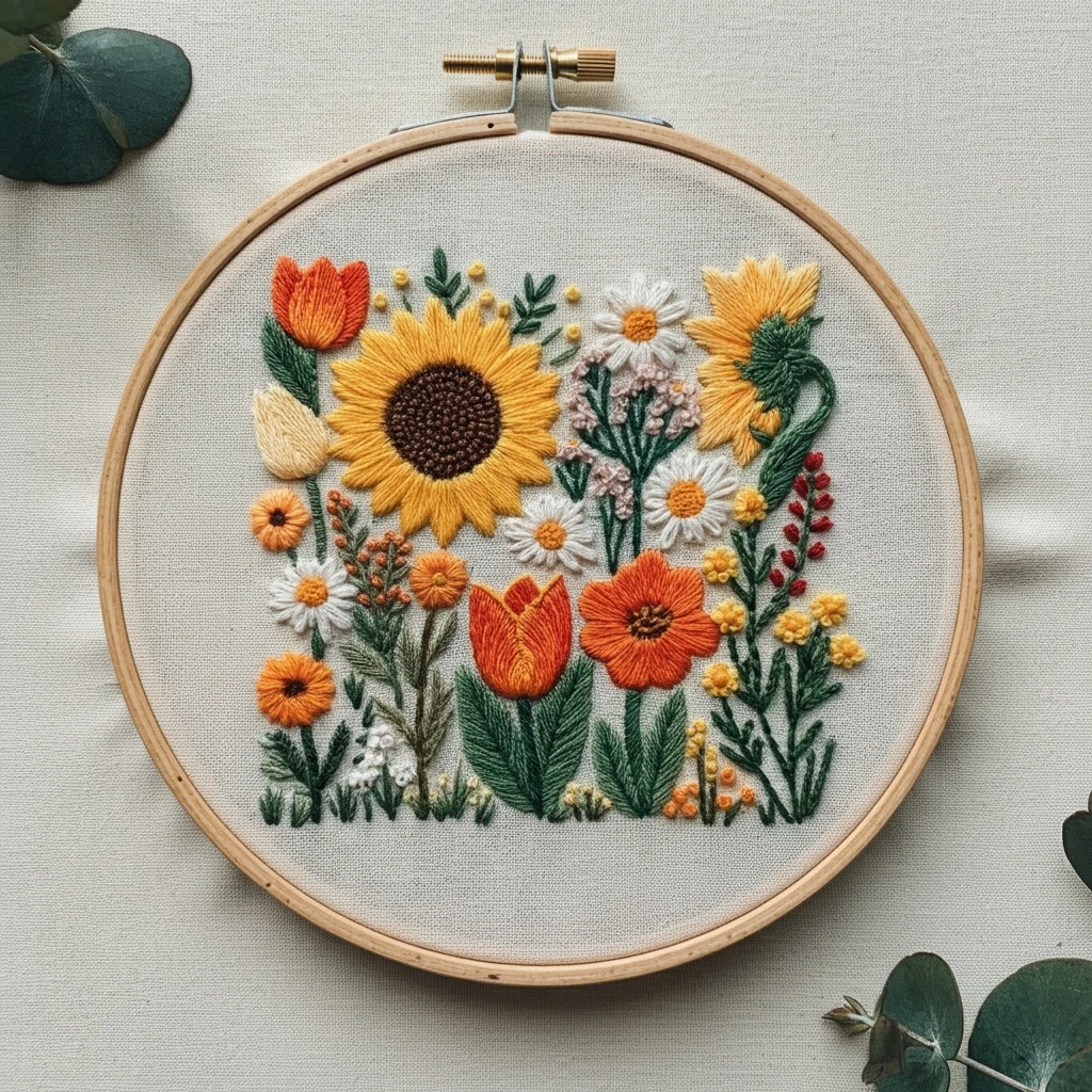 Sunlit Garden Floral Embroidery Art