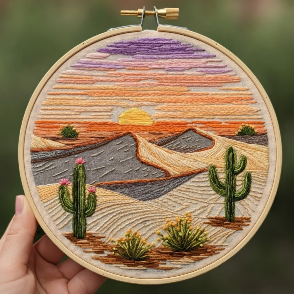 Sunset Desert Landscape Embroidery in a Hoop