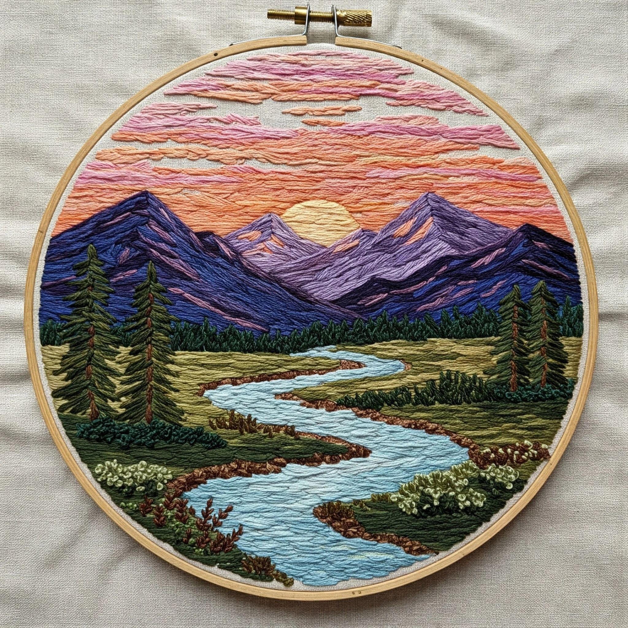 Sunset Mountain Landscape Hand Embroidery