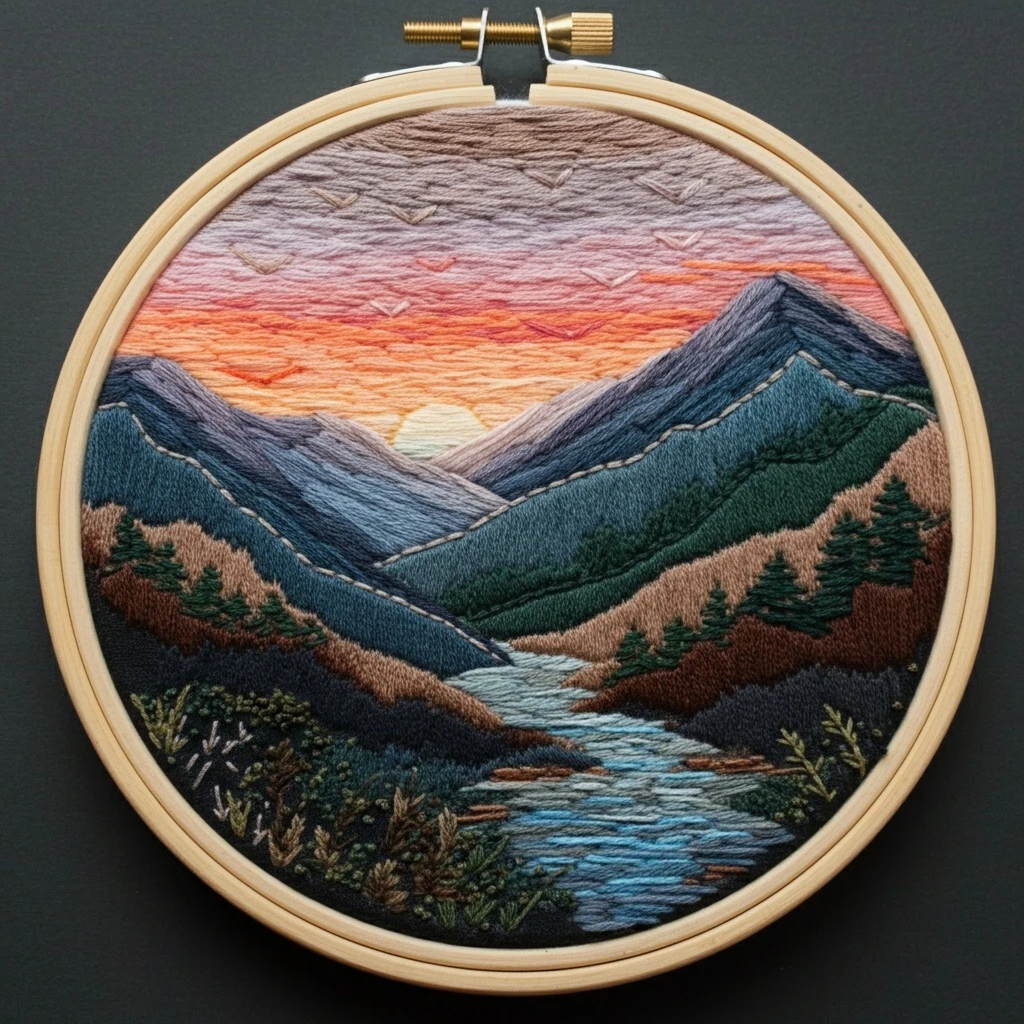 Sunset Mountain Valley Embroidery
