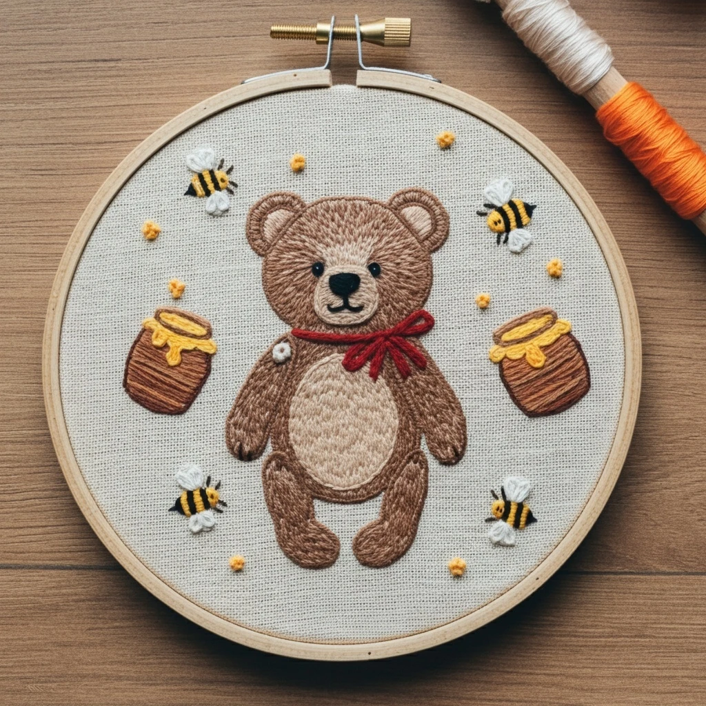Teddy Bear and Honey Bees Embroidery