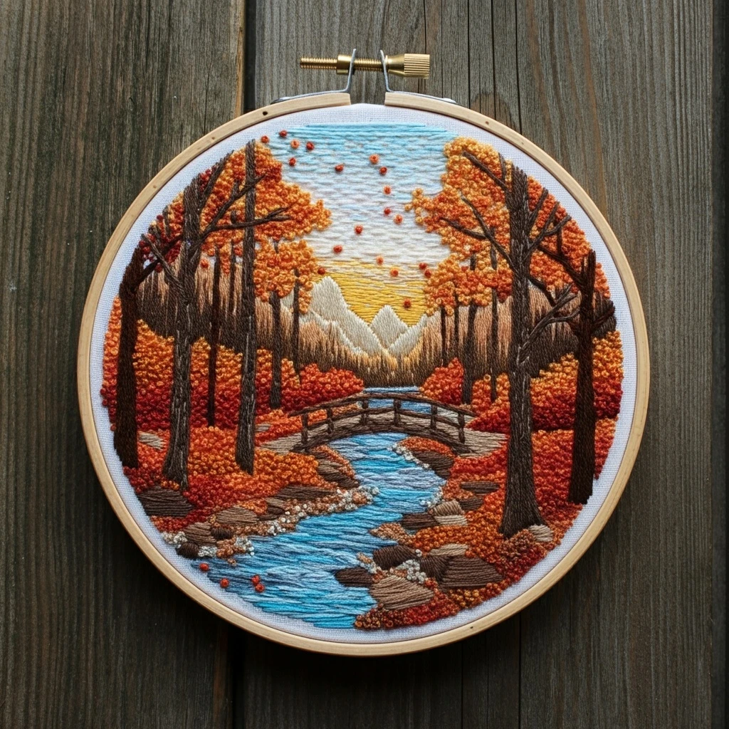 Textured Autumn Forest and River Embroidery