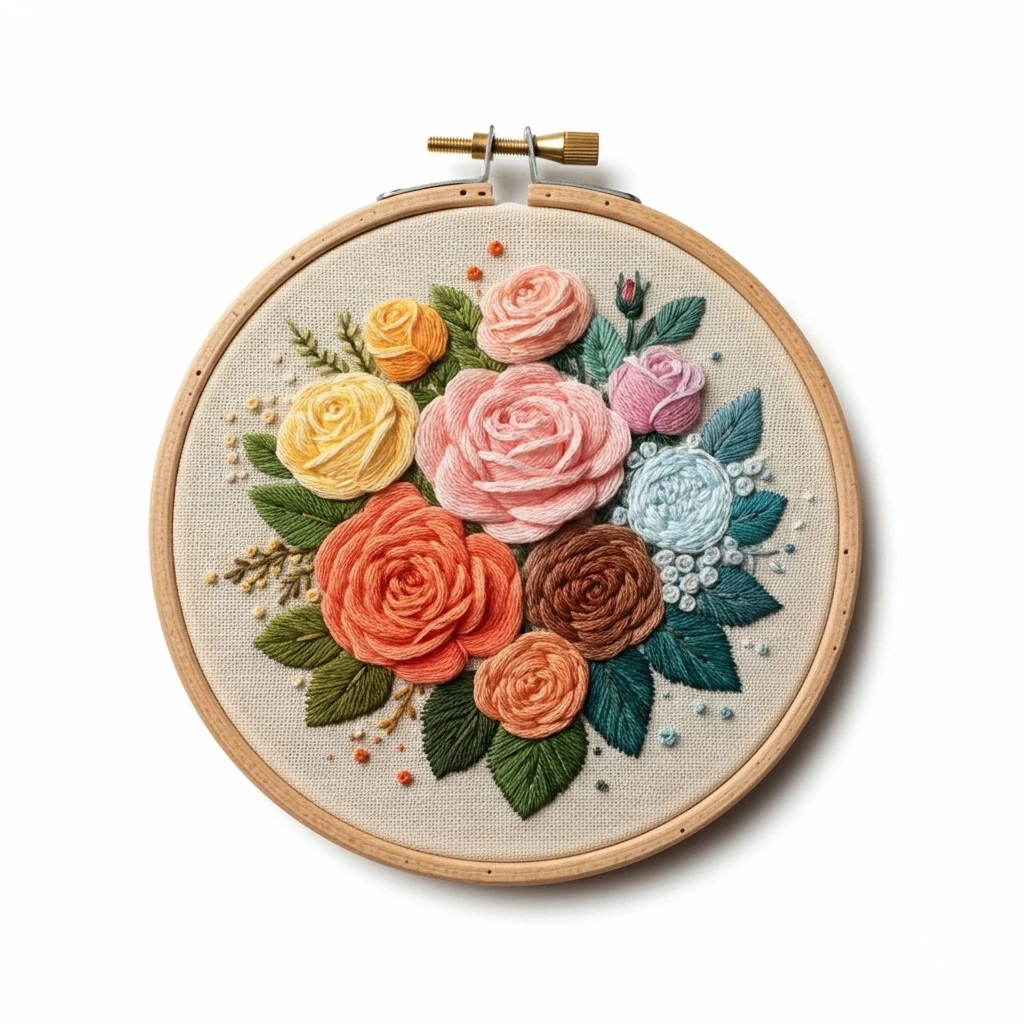 Textured Rose Bouquet Embroidery Hoop
