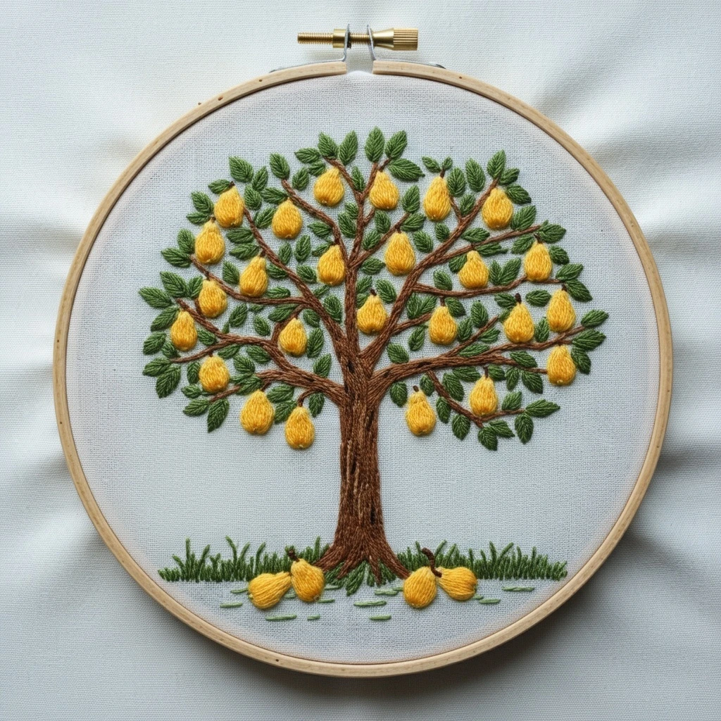 The Bountiful Pear Tree Hand Embroidery Art