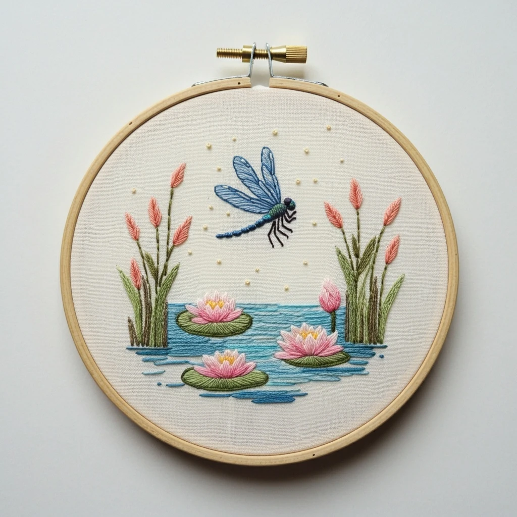 Tranquil Dragonfly Pond Embroidery Art