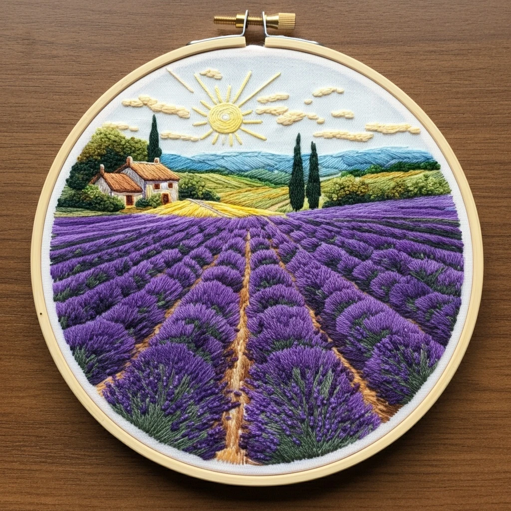 Tranquil Lavender Field Landscape Embroidery