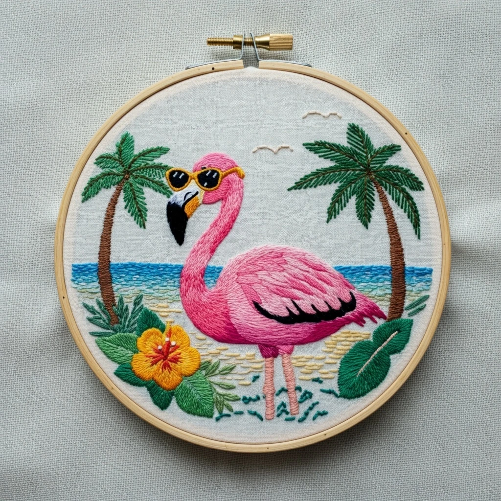 Tropical Flamingo Embroidery with Sunglasses
