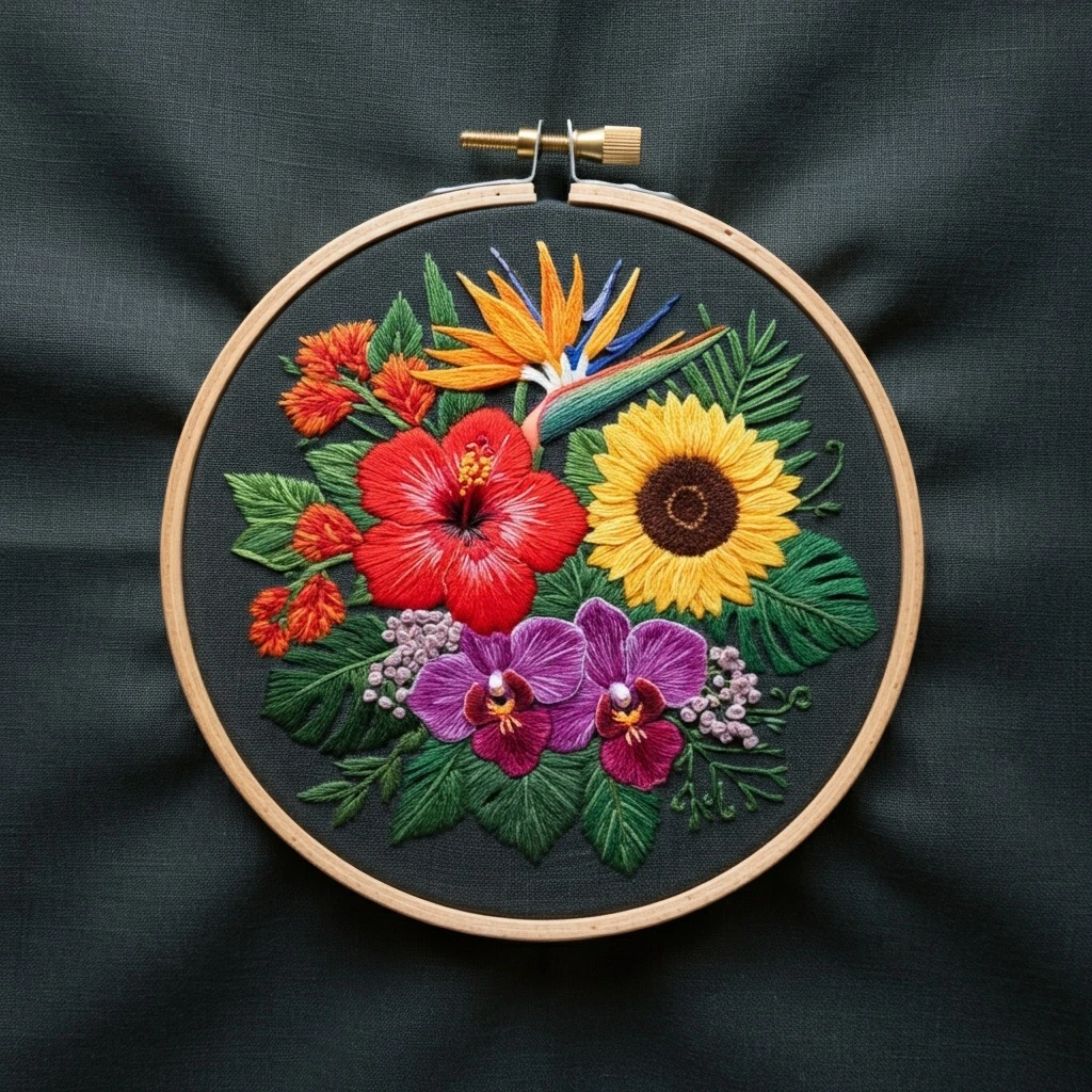 Tropical Floral Embroidery Hoop Art