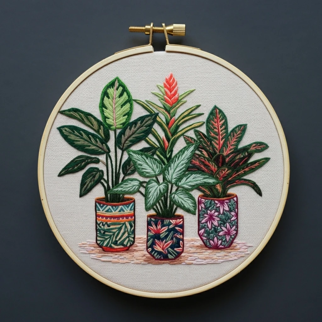 Tropical Houseplant Trio Embroidery