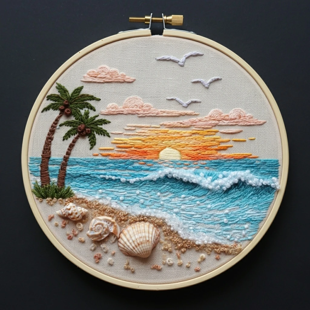 Tropical Sunset Beach Embroidery