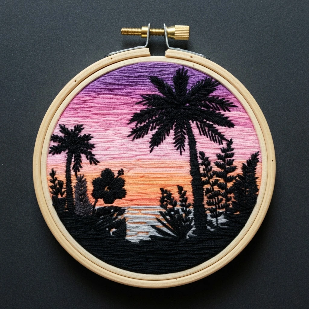 Tropical Sunset Silhouette Embroidery