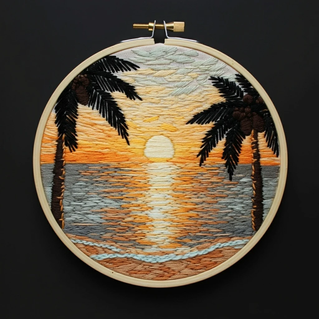 Tropical Sunset over Ocean Embroidery