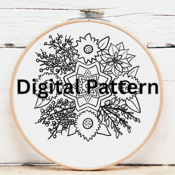 Vibrant Autumn Wreath with Sunflowers and Poinsettia | Hand Embroidery Pattern PDF