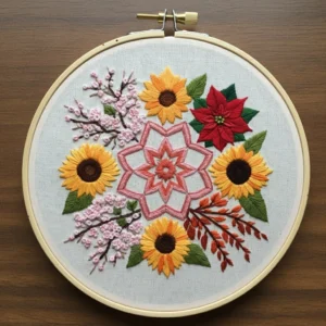 Vibrant Autumn Wreath with Sunflowers and Poinsettia | Hand Embroidery Pattern PDF