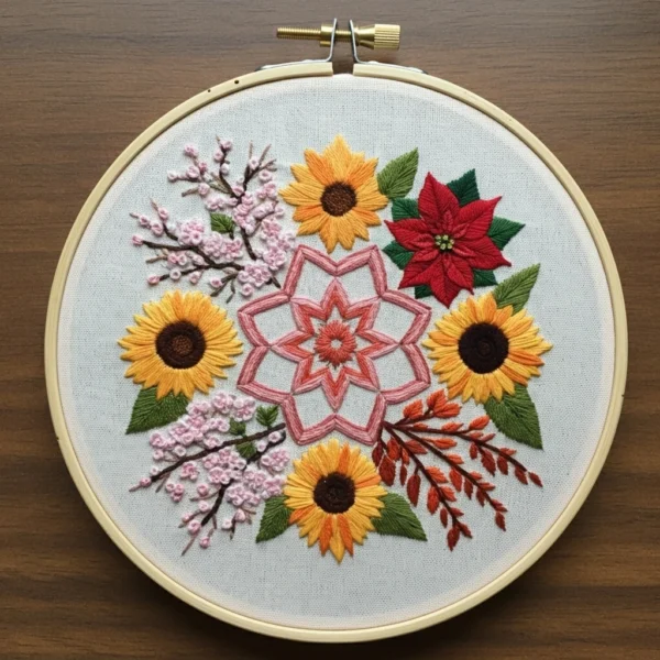 Vibrant Autumn Wreath with Sunflowers and Poinsettia | Hand Embroidery Pattern PDF