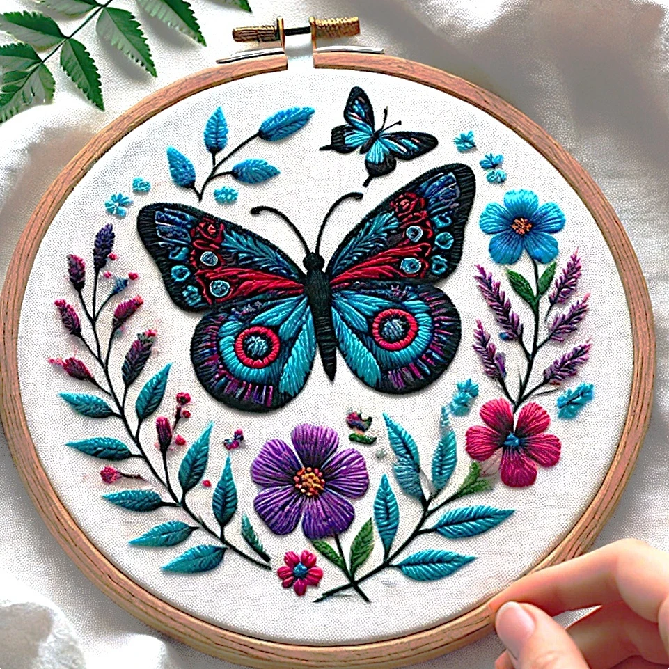 Vibrant Butterfly and Floral Hand Embroidery in Hoop