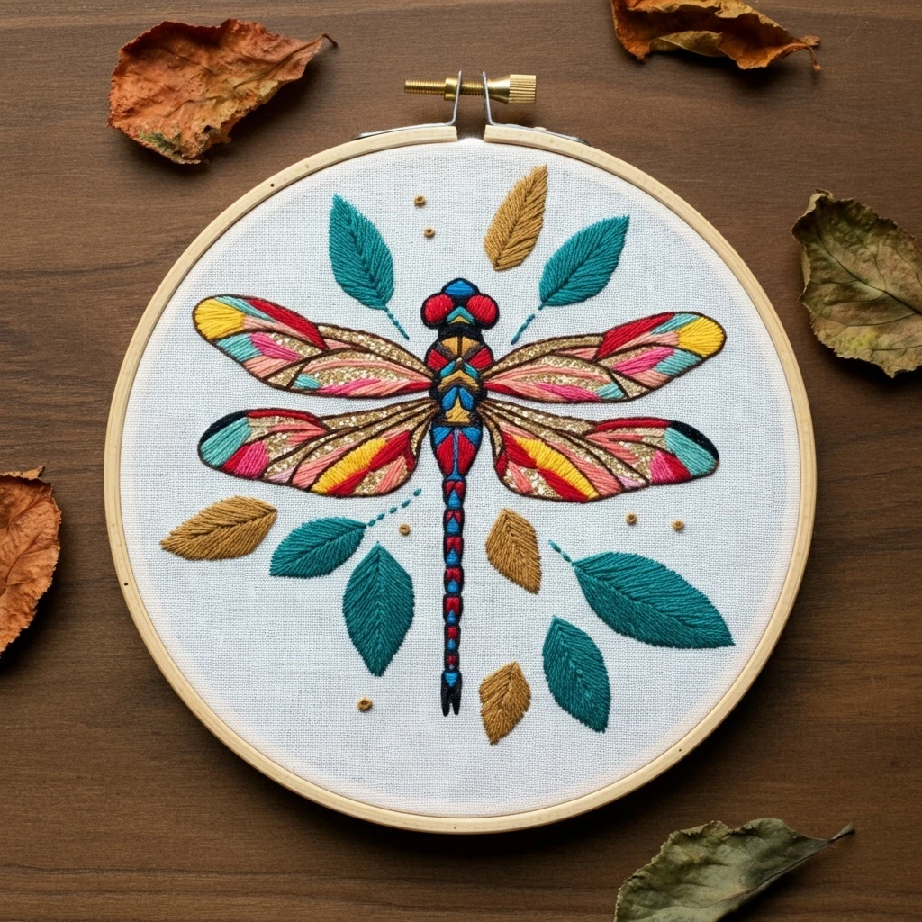 Vibrant Dragonfly Autumn Embroidery Hoop Art
