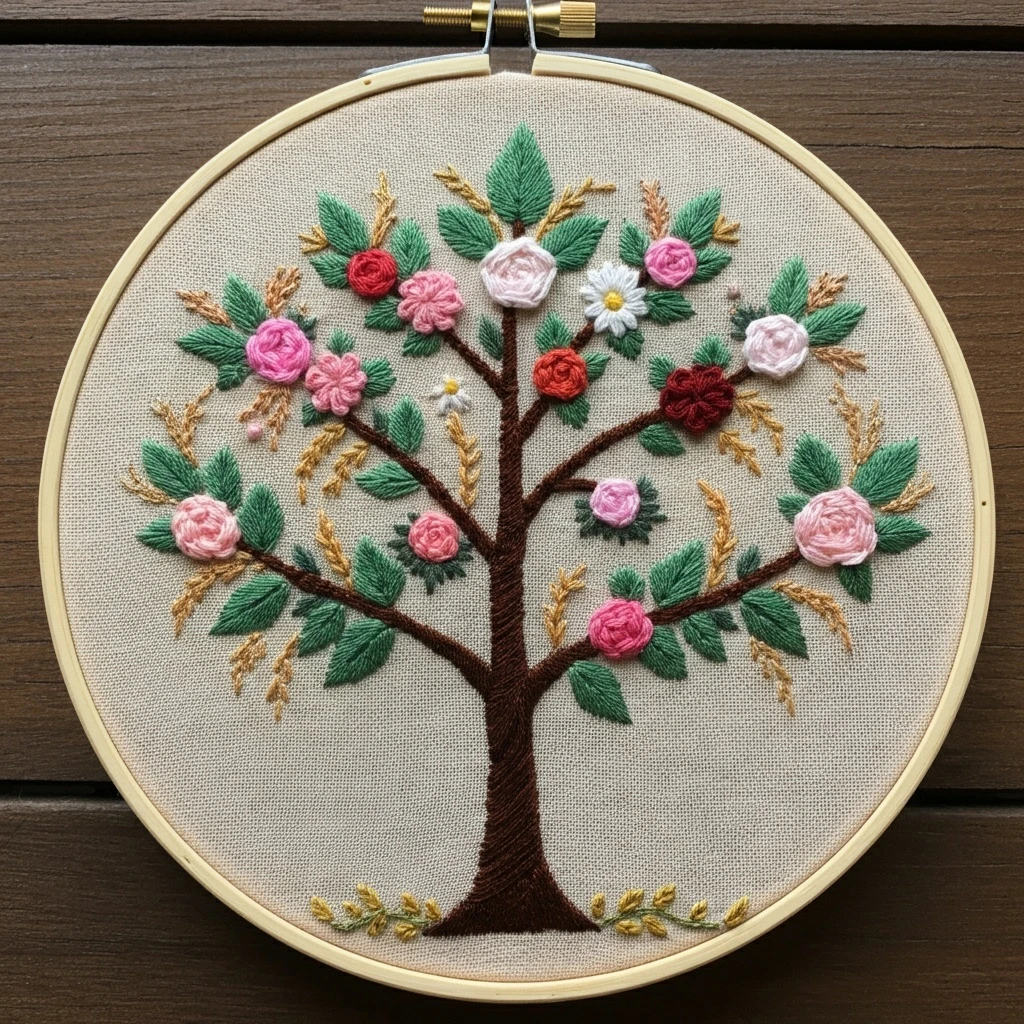 Vibrant Floral Arrangement in a Woven Basket Embroidery Hoop