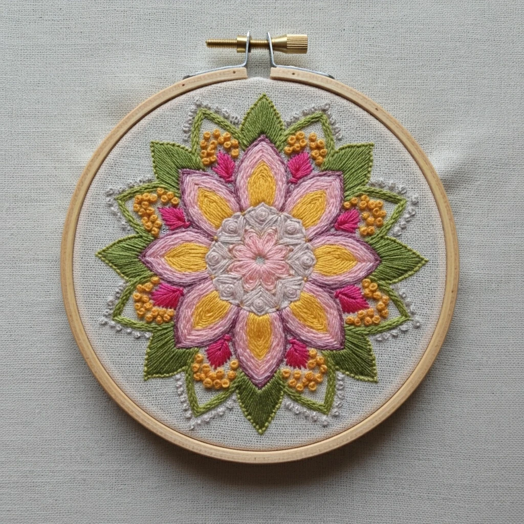 Vibrant Floral Mandala Hand Embroidery in Hoop