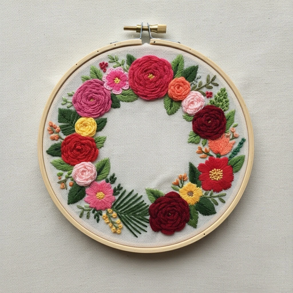 Vibrant Floral Wreath Hand Embroidery Hoop Art