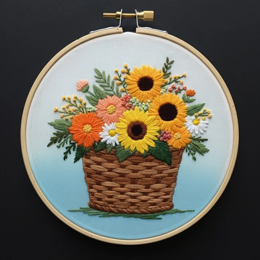 Vibrant Flower Basket Embroidery in Hoop