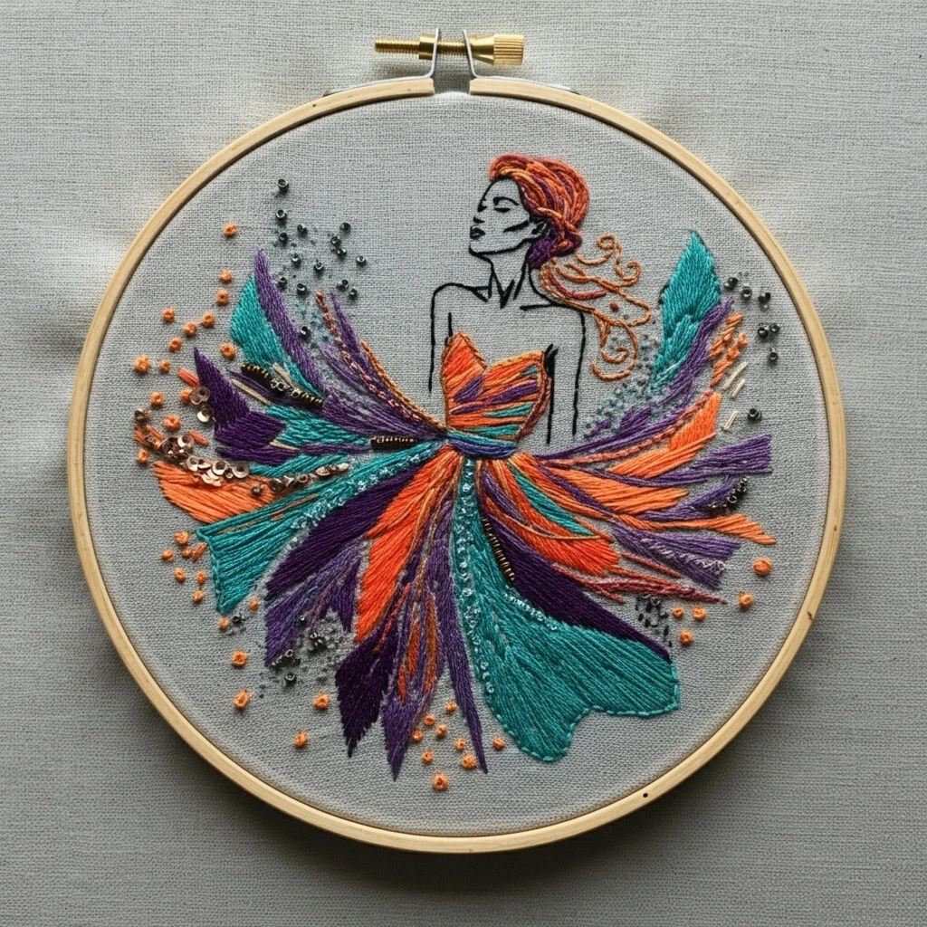 Vibrant Flowing Dress Portrait Embroidery