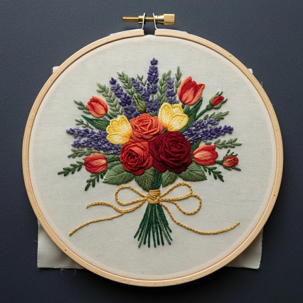 Vibrant Garden Bouquet Embroidery Art
