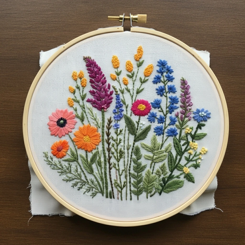 Vibrant Meadow Hand Embroidery Hoop Art