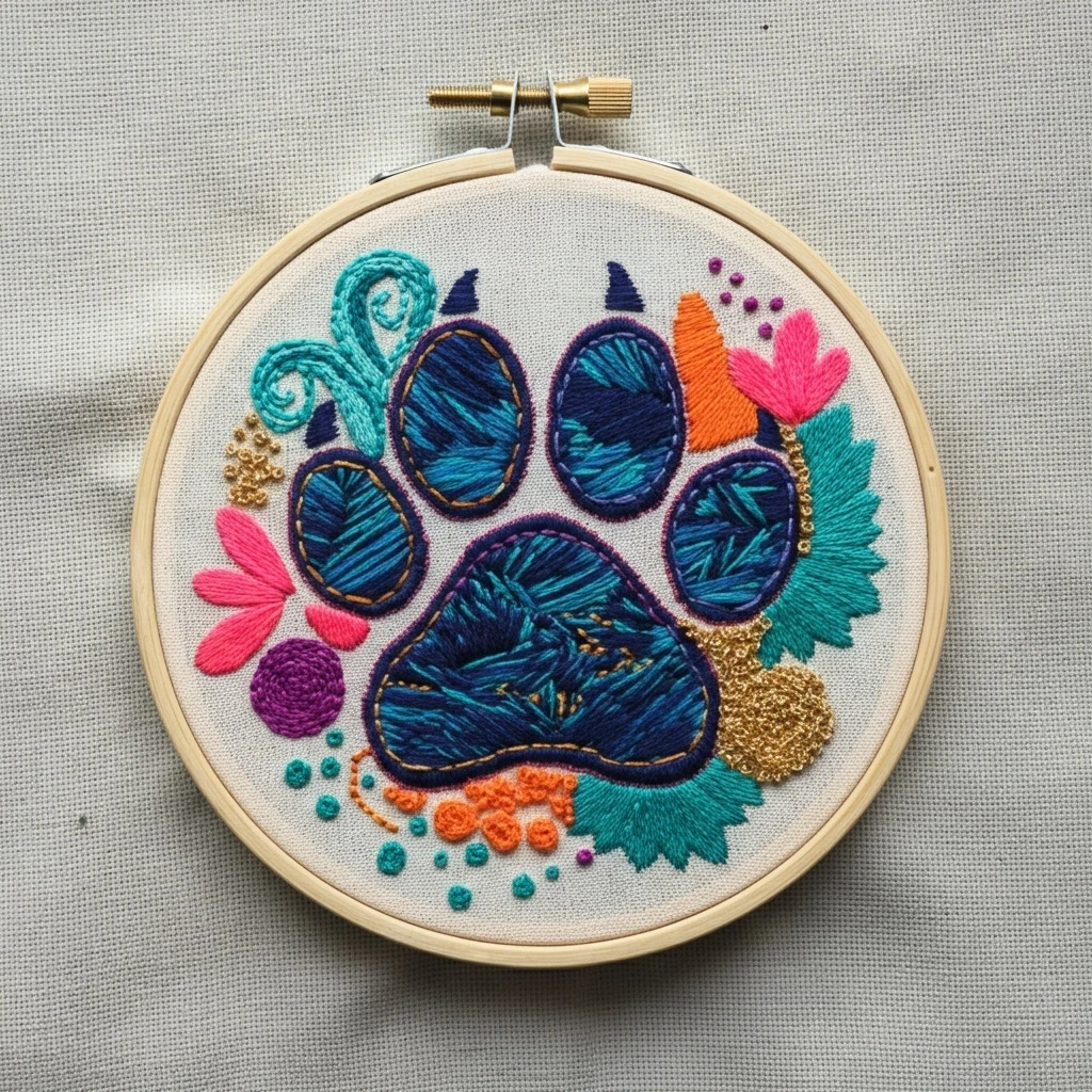 Vibrant Paw Print Embroidery Art