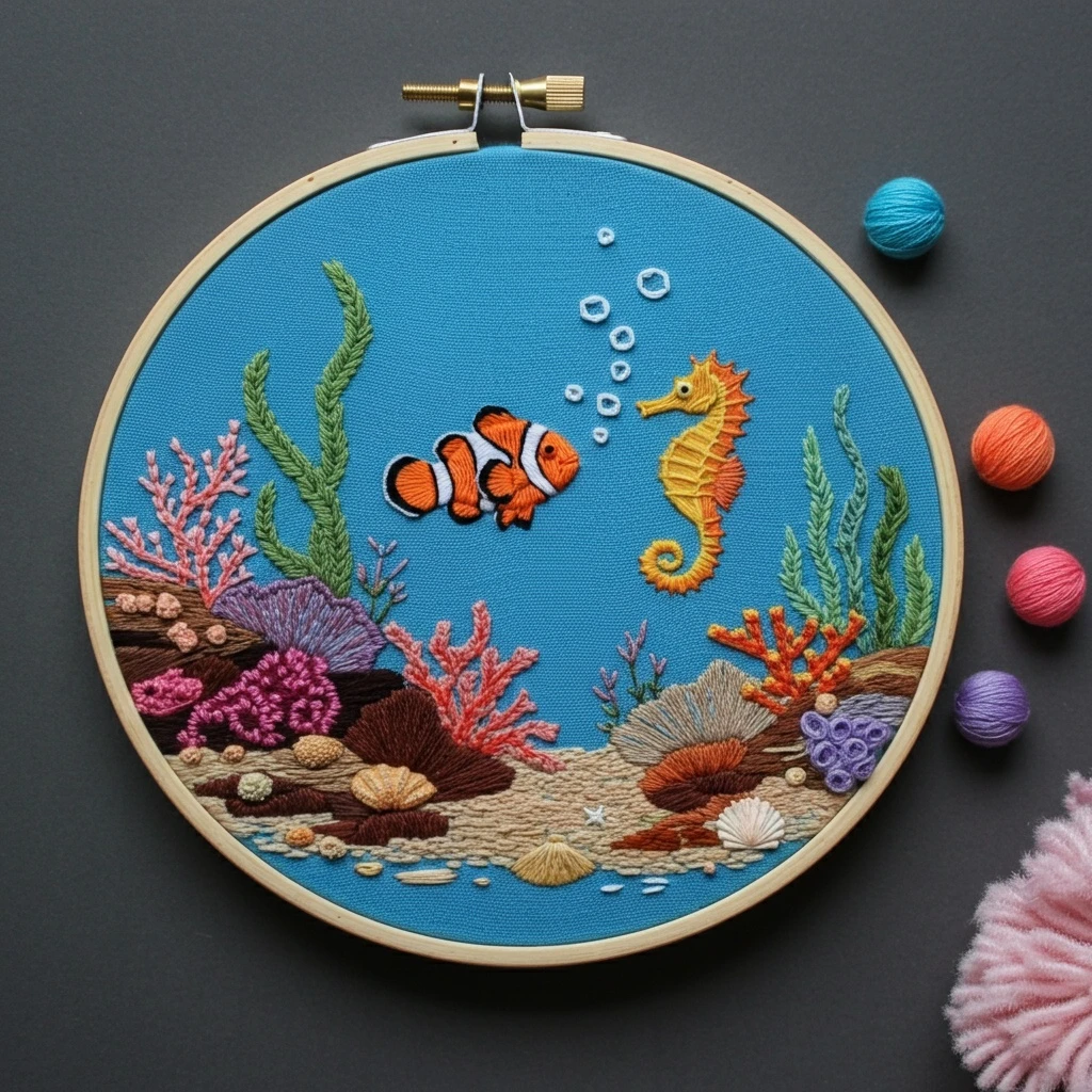 Vibrant Underwater Embroidery Hoop Art