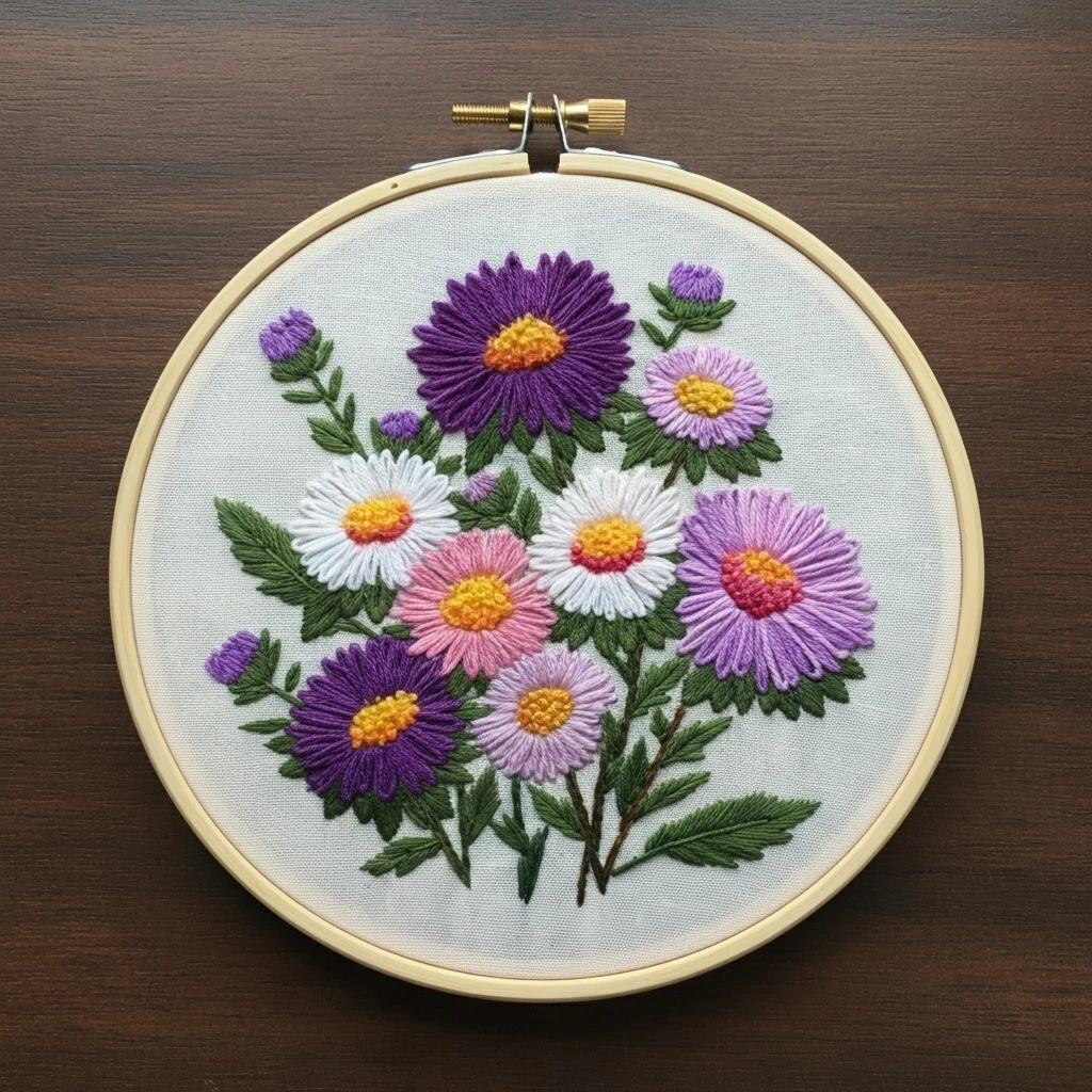 Vibrant Wildflower Aster Bouquet Embroidery Art