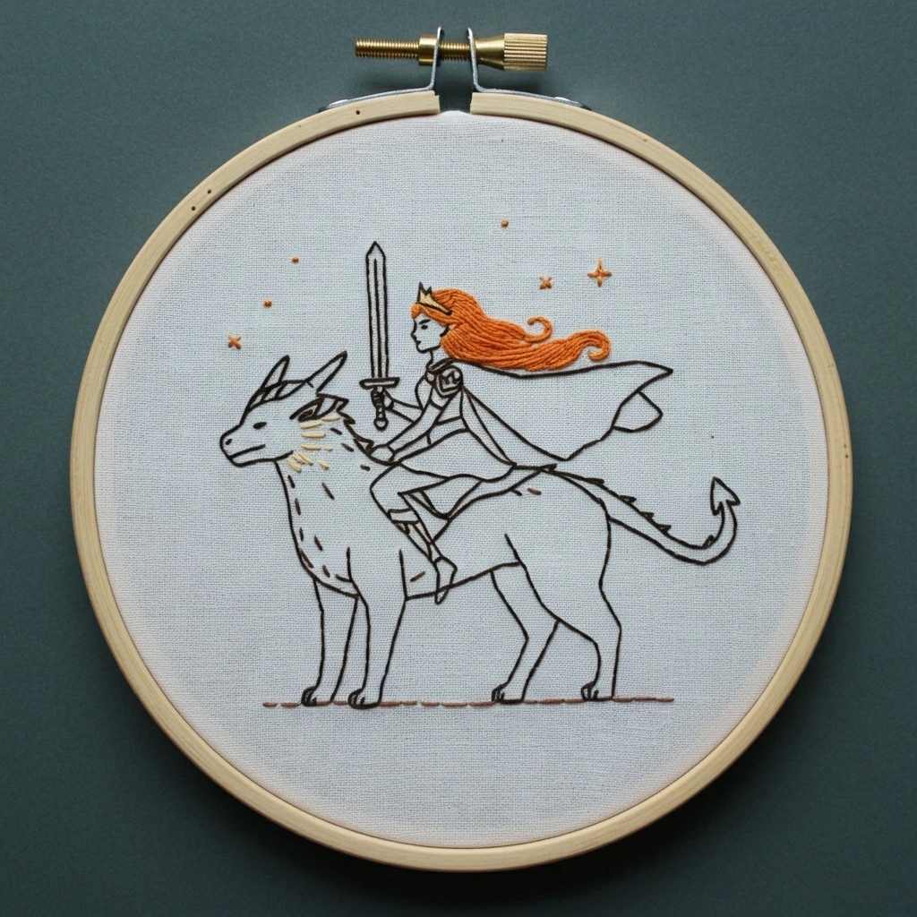 Warrior Maiden on a Mythical Beast Embroidery