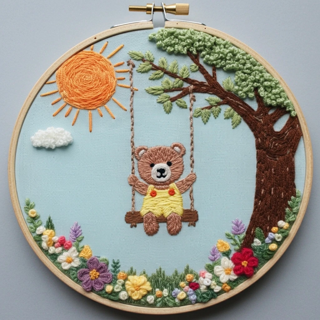 Whimsical Bear on a Swing Embroidery Hoop