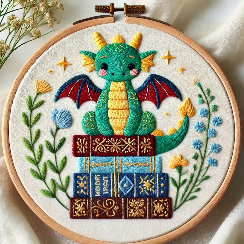 Whimsical Dragon on a Stack of Books Hand Embroidery