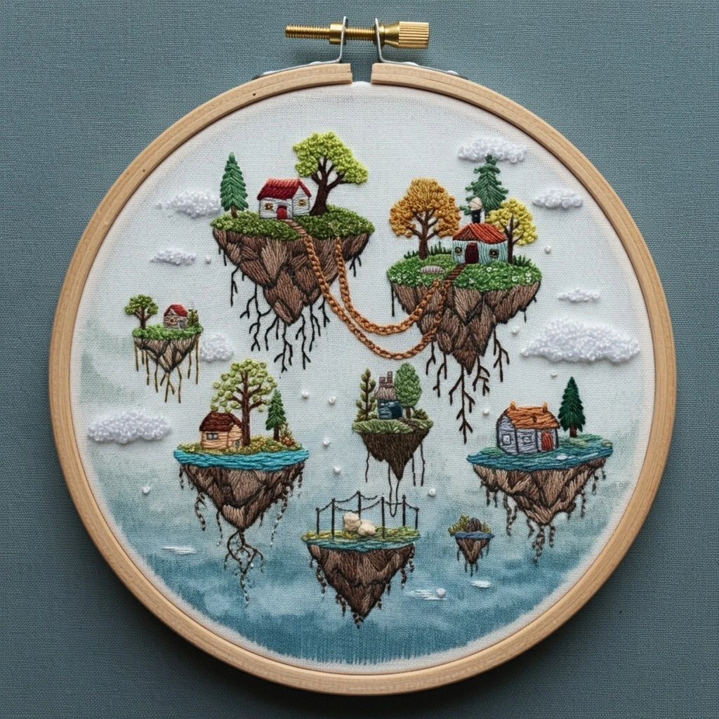 Whimsical Floating Islands Landscape Embroidery
