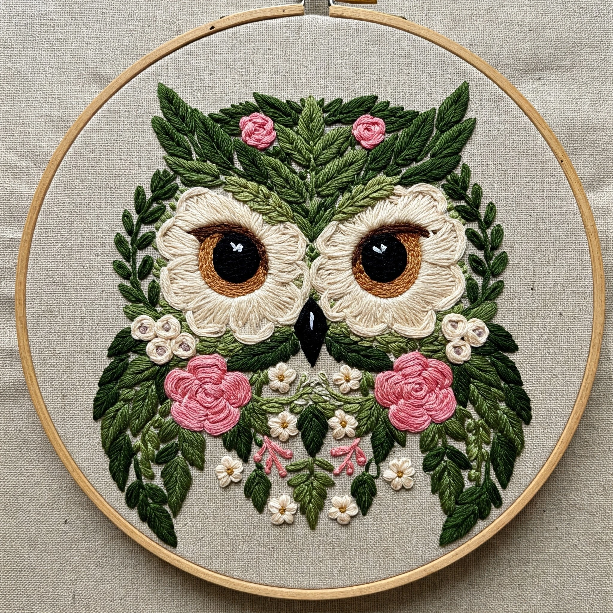 Whimsical Floral Owl Portrait Hand Embroidery