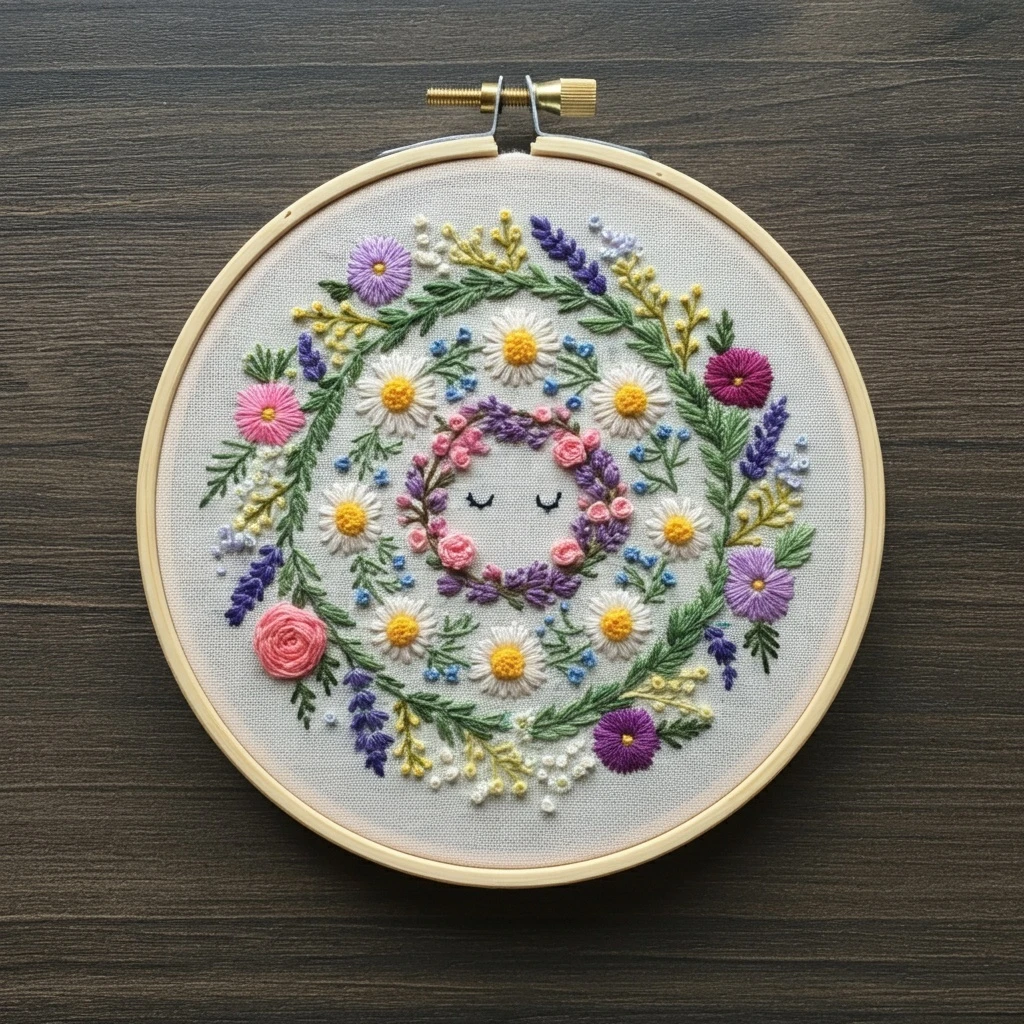 Whimsical Floral Wreath Embroidery