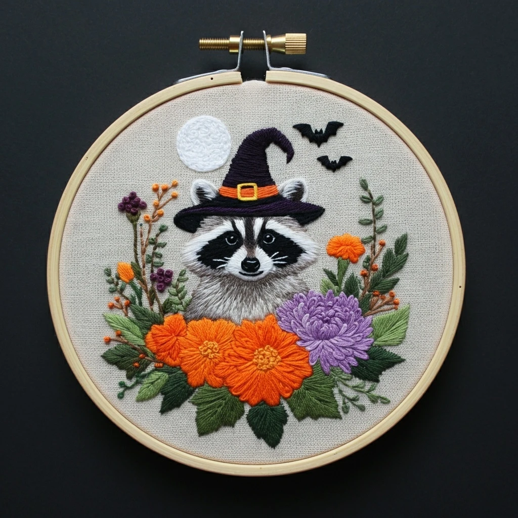 Whimsical Raccoon Witch Embroidery Hoop Art
