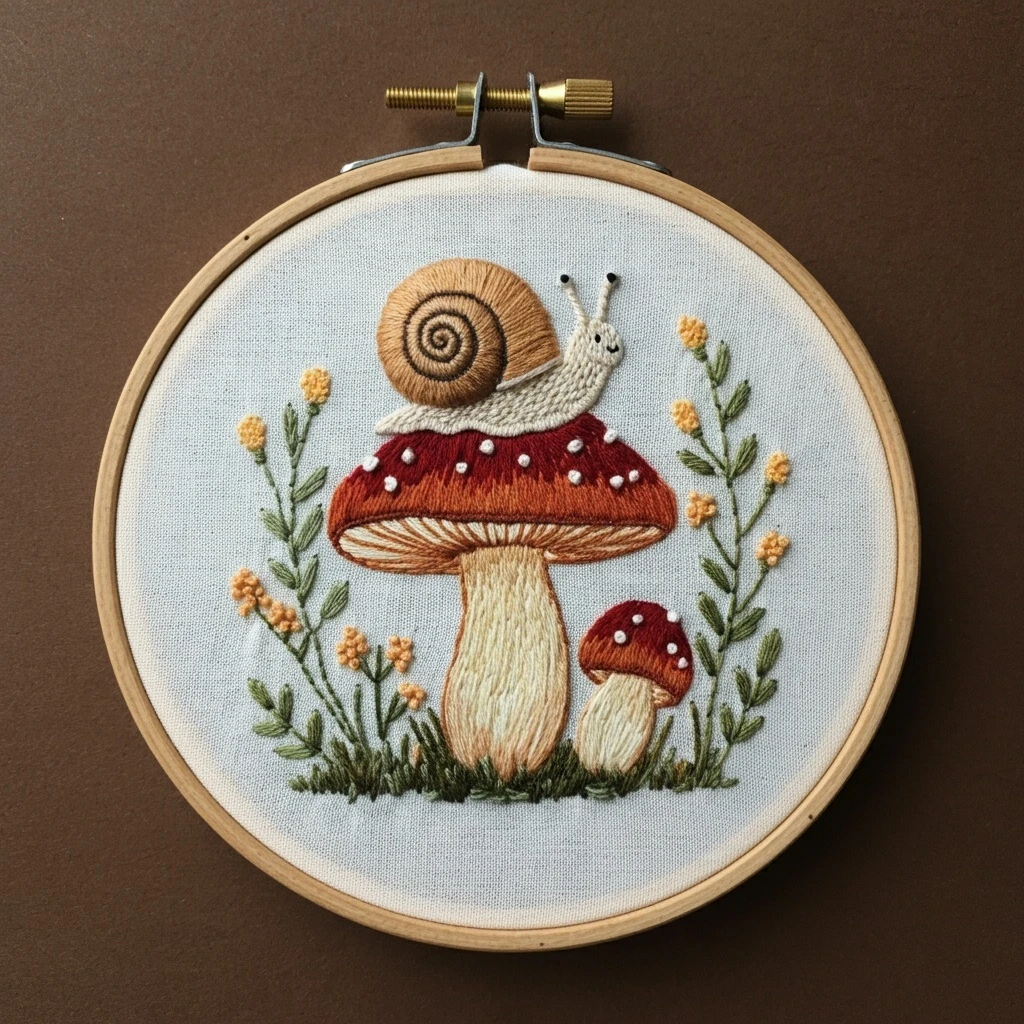 Whimsical Snail and Mushroom Beginner Embroidery Design