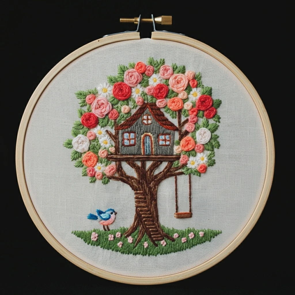 Whimsical Treehouse Garden Embroidery Art