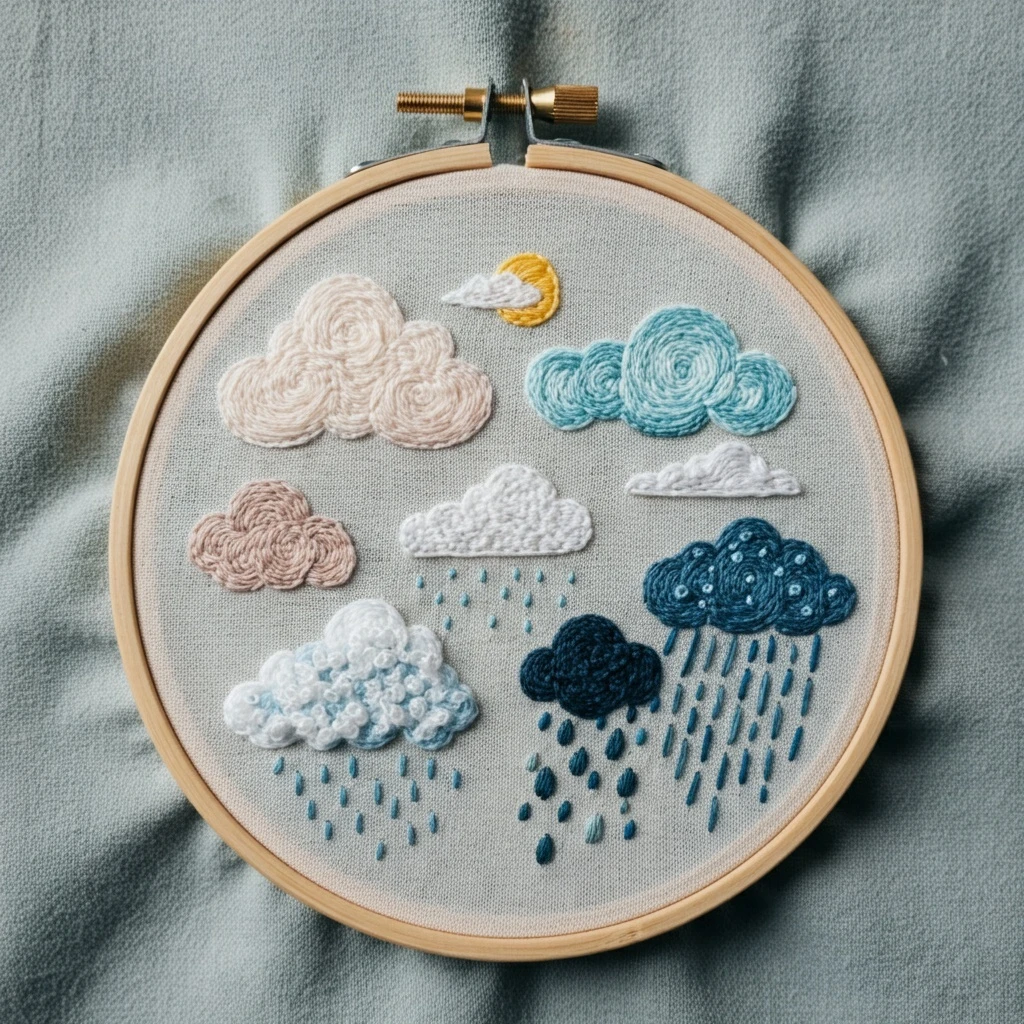 Whimsical Weather Clouds Embroidery Art