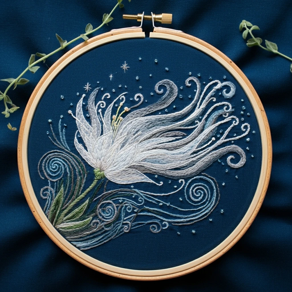 Whimsical White Flower and Swirls on Dark Blue