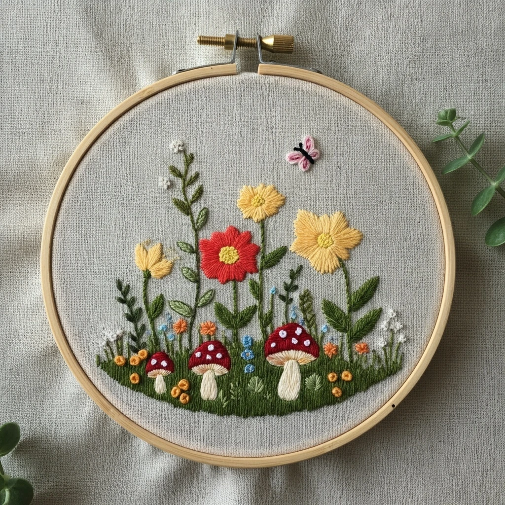 Whimsical Wildflower and Mushroom Embroidery