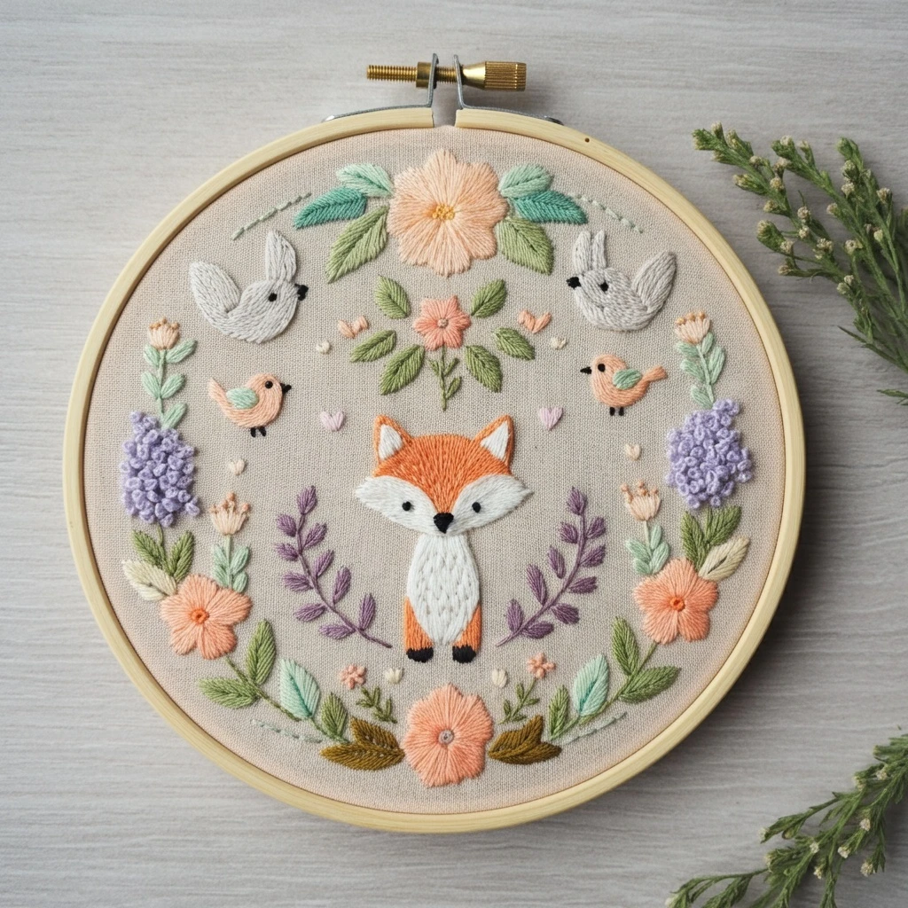 Whimsical Woodland Fox and Floral Hand Embroidery Hoop
